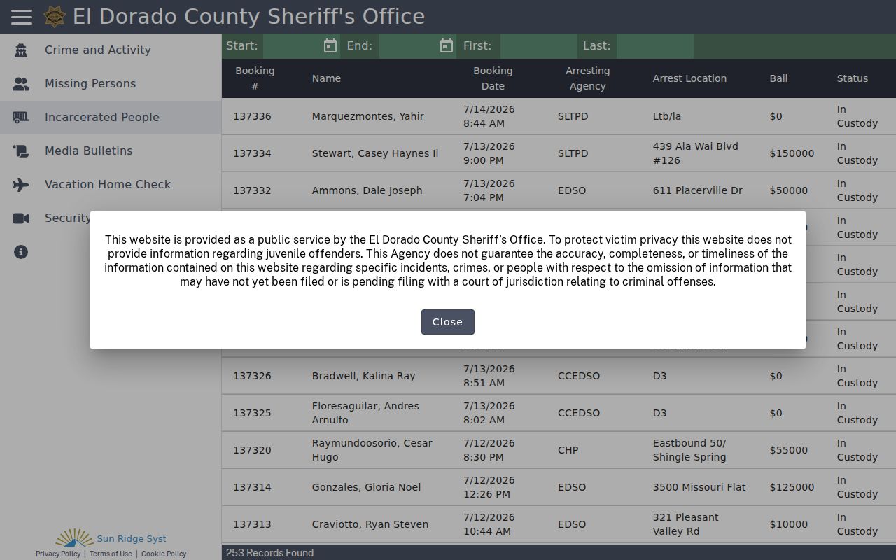 South Lake Tahoe people search current inmate roster