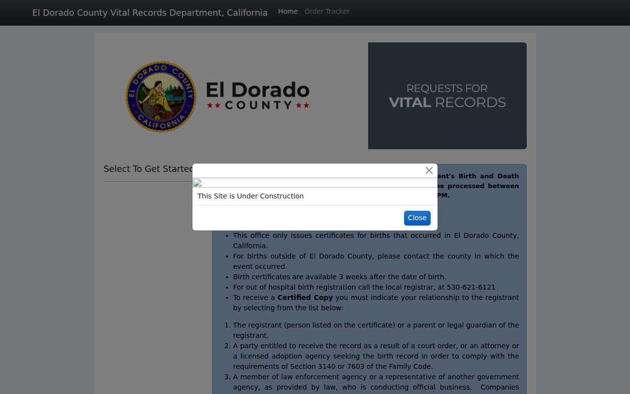 South Lake Tahoe public record ordering through the El Dorado vital records portal