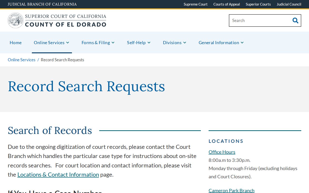 South Lake Tahoe public record search request options at El Dorado Superior Court