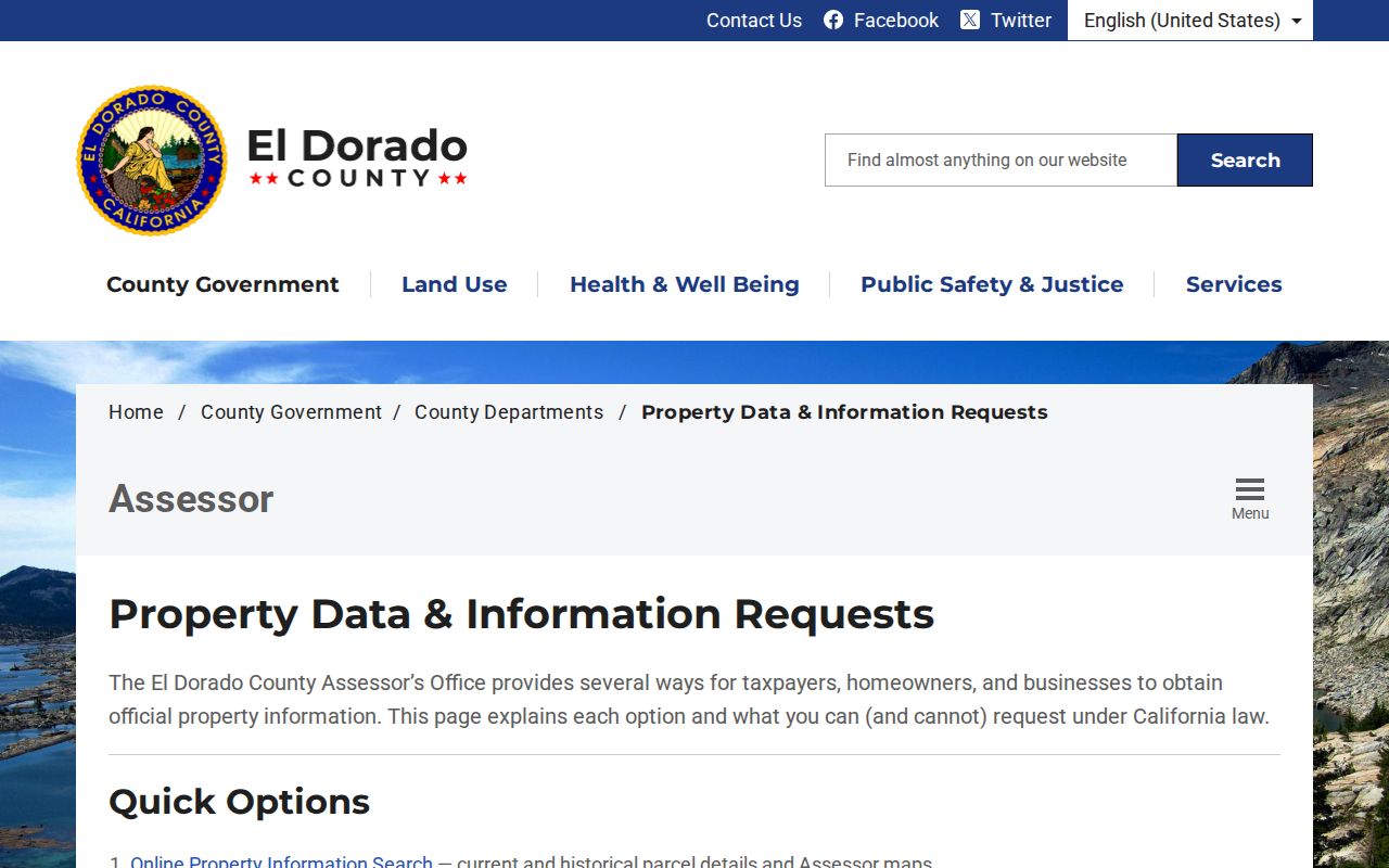 South Lake Tahoe public record access through the El Dorado Assessor data request page