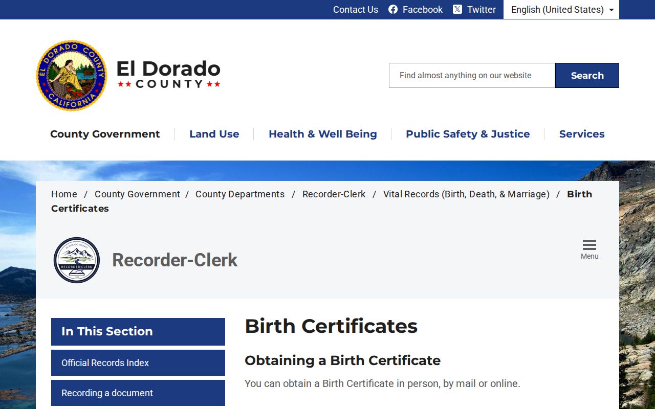 South Lake Tahoe public record birth certificate instructions from El Dorado County