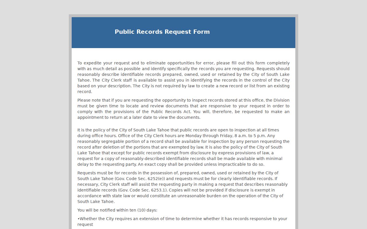 South Lake Tahoe public record request form for city-held documents